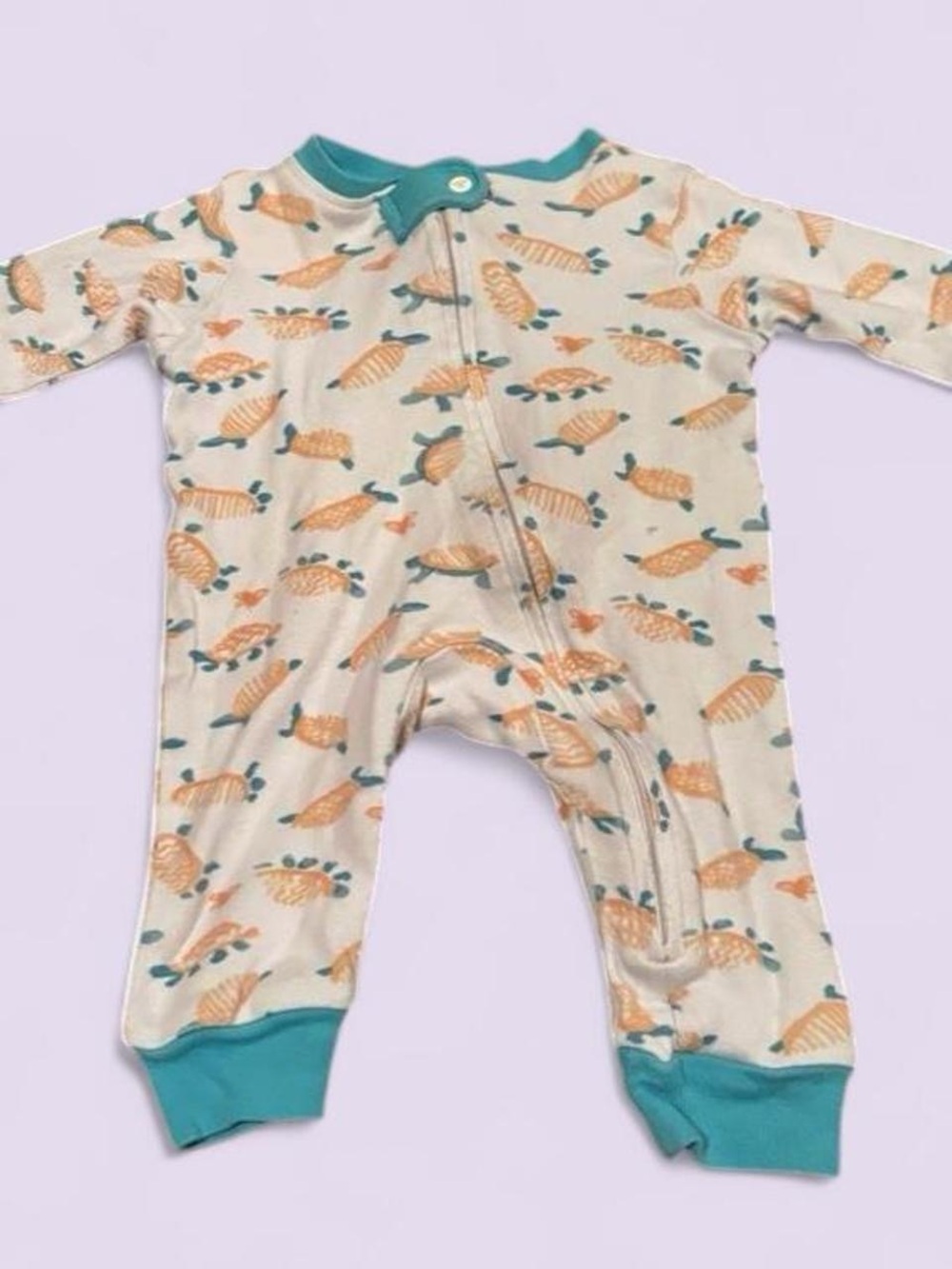 Burt's Bees Baby Cream One-Piece with Orange Turtle Print and Teal Trim
